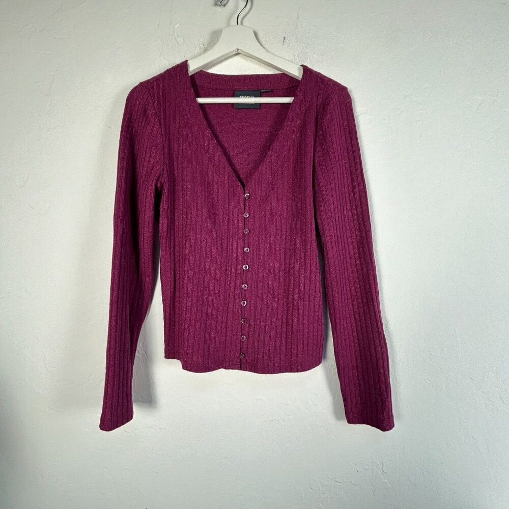 Maeve By Anthropologie Ribbed Magenta Cardigan Sweater Medium V-Neck Button-Up